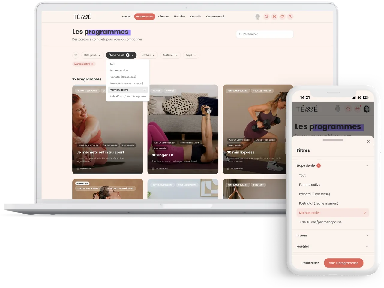 Filtre par étape de vie dans l'application Studio Témé