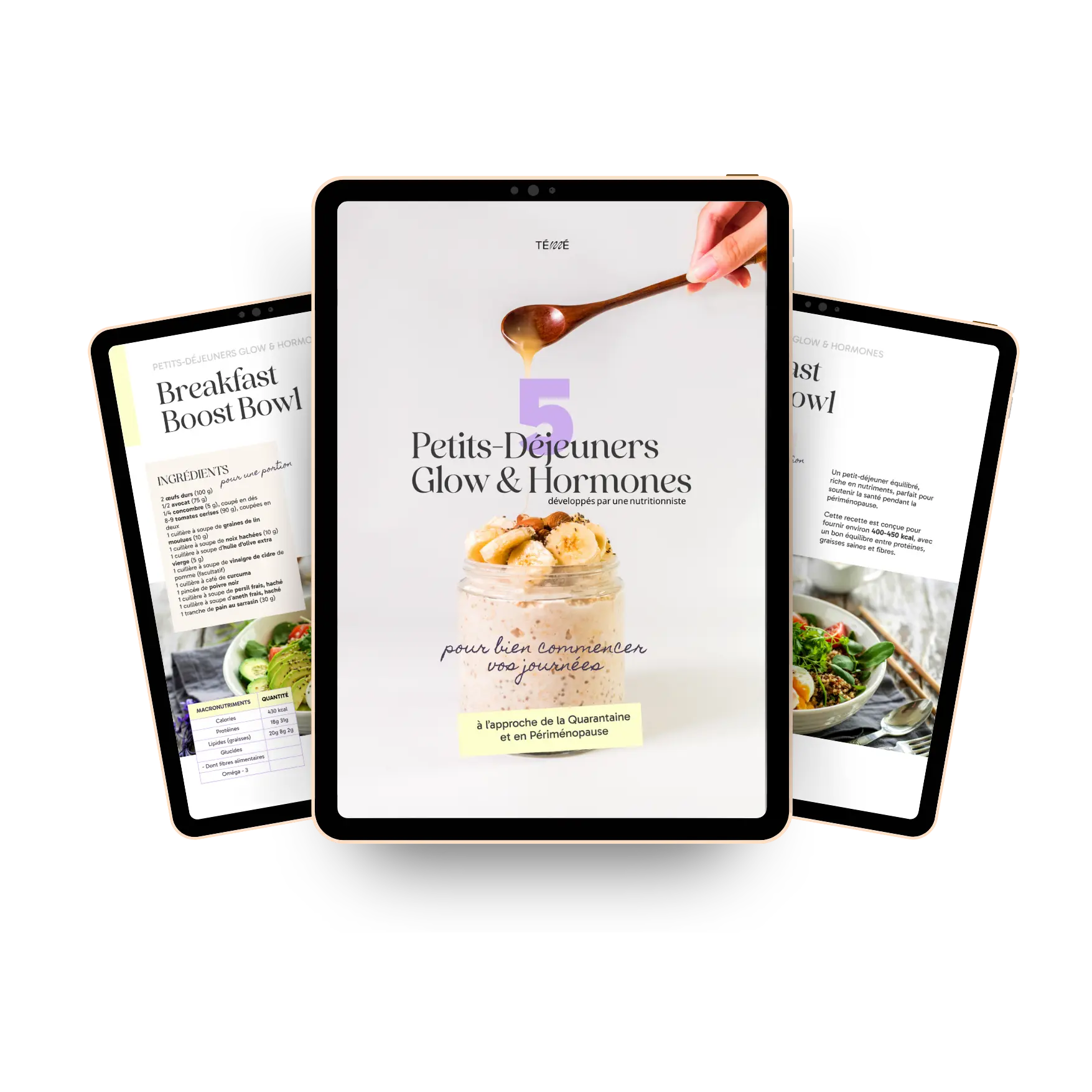 Guide gratuit - 5 petits-déjeuners glow & hormones pour femmes en périménopause et à l'approche de la quarantaine, développés par une nutritionniste - Studio Témé